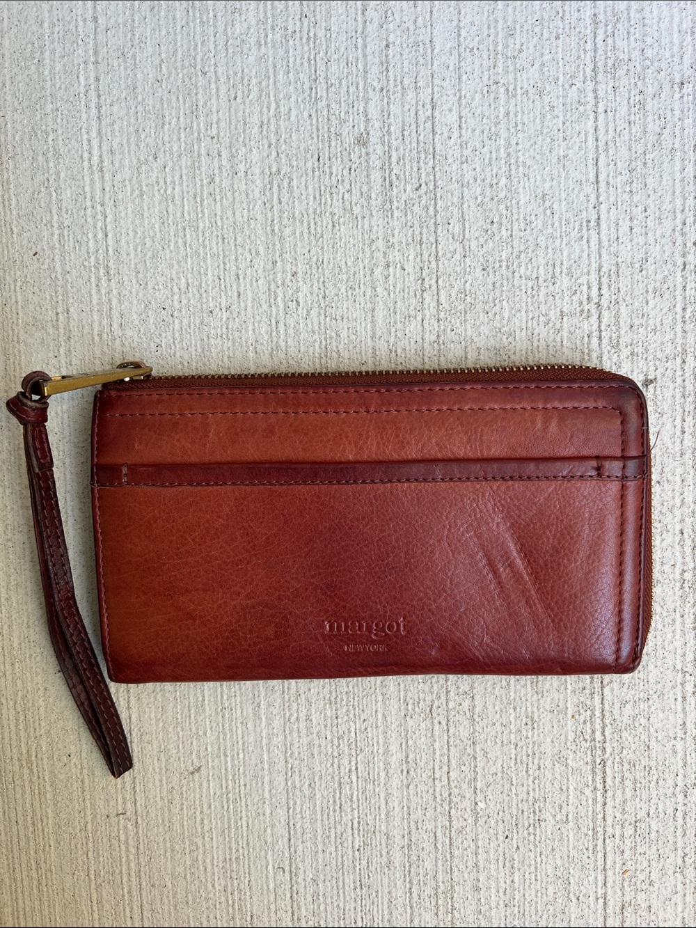 margot Leather Zip Wristlet Wallet in Rich Cognac Brown